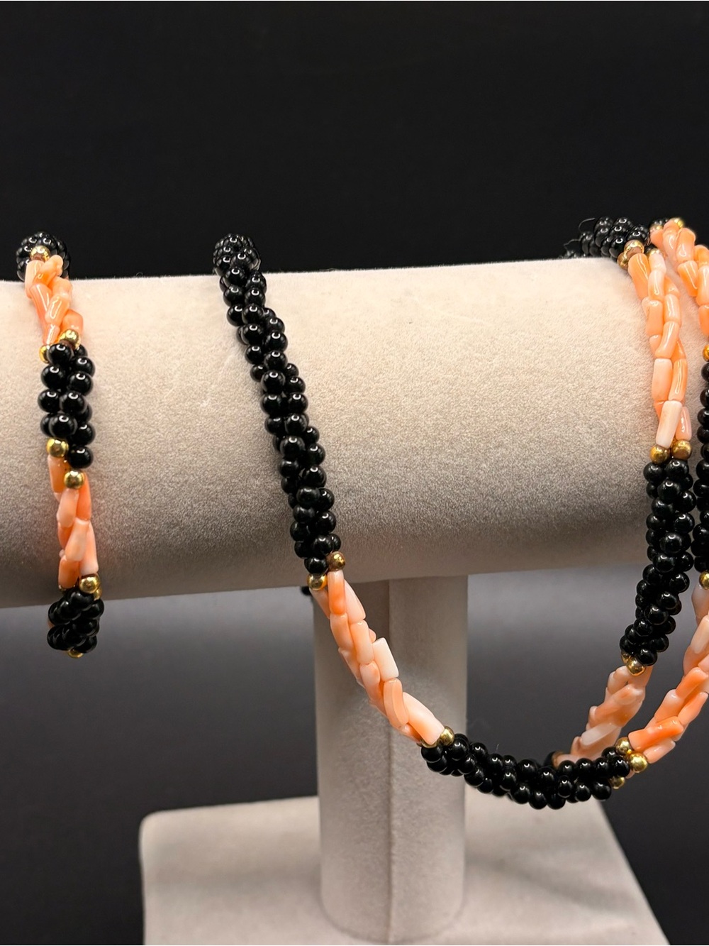 Vintage Angel Branch Coral Black Glass Multi Strand Torsade Necklace & Bracelet